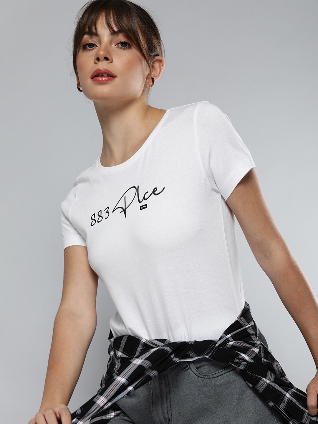 

883 Police Women White & Black Brand Logo Printed T-shirt