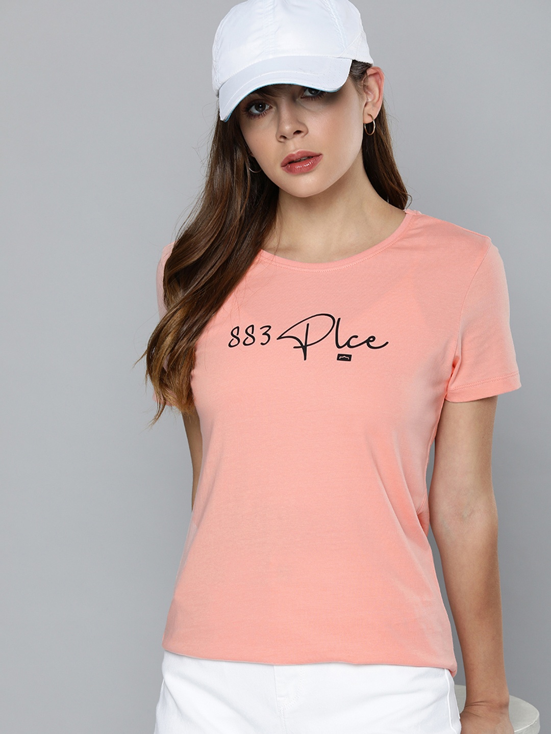 

883 Police Women Coral & Black Brand Logo Printed T-shirt