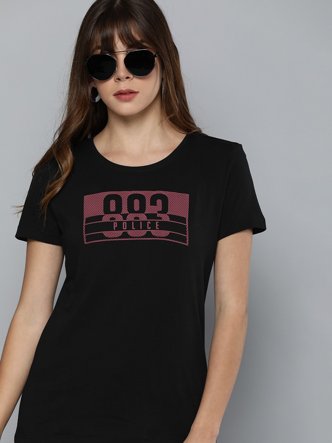 

883 Police Women Black & Pink Brand Logo Printed T-shirt