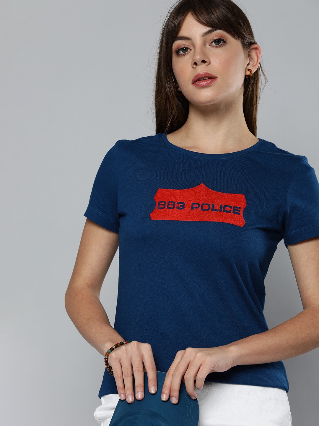 

883 Police Women Blue & Red Brand Logo Printed T-shirt