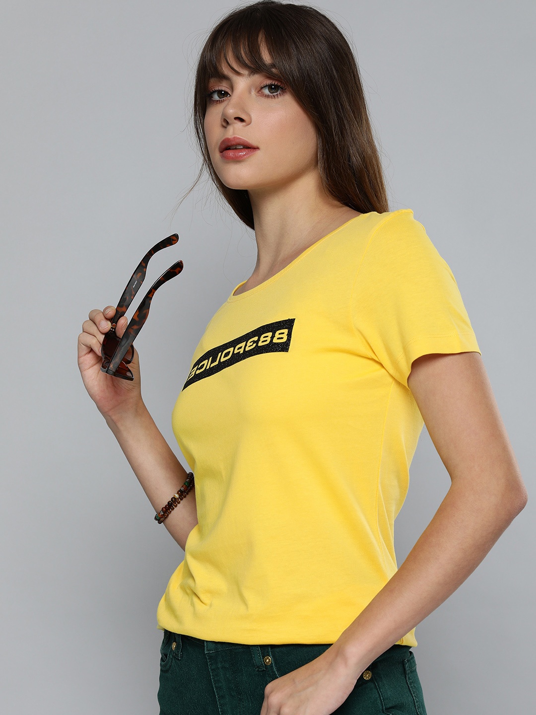 

883 Police Women Yellow & Black Brand Logo Printed Applique Detail T-shirt