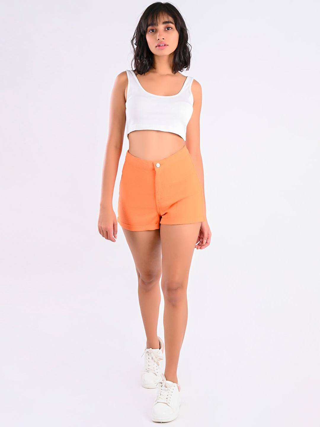 

FREAKINS Women Orange Solid Slim Fit High-Rise Cotton Shorts