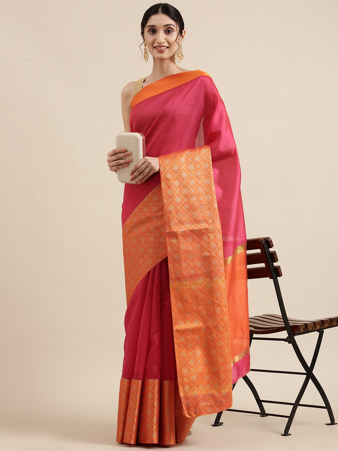 

SANGAM PRINTS Pink & Orange Crystal Silk Jacquard Saree