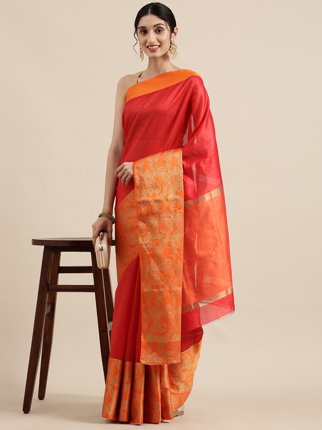 

SANGAM PRINTS Red & Orange Crystal Silk Jacquard Saree