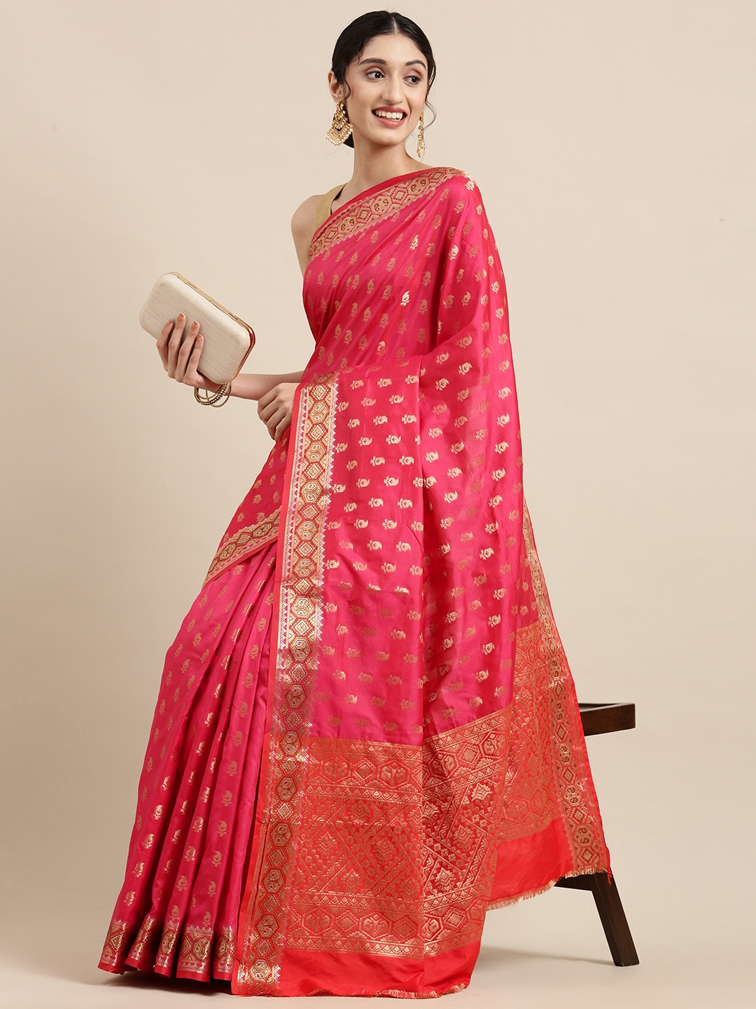 

SANGAM PRINTS Pink & Golden Ethnic Motifs Woven Design Silk Saree