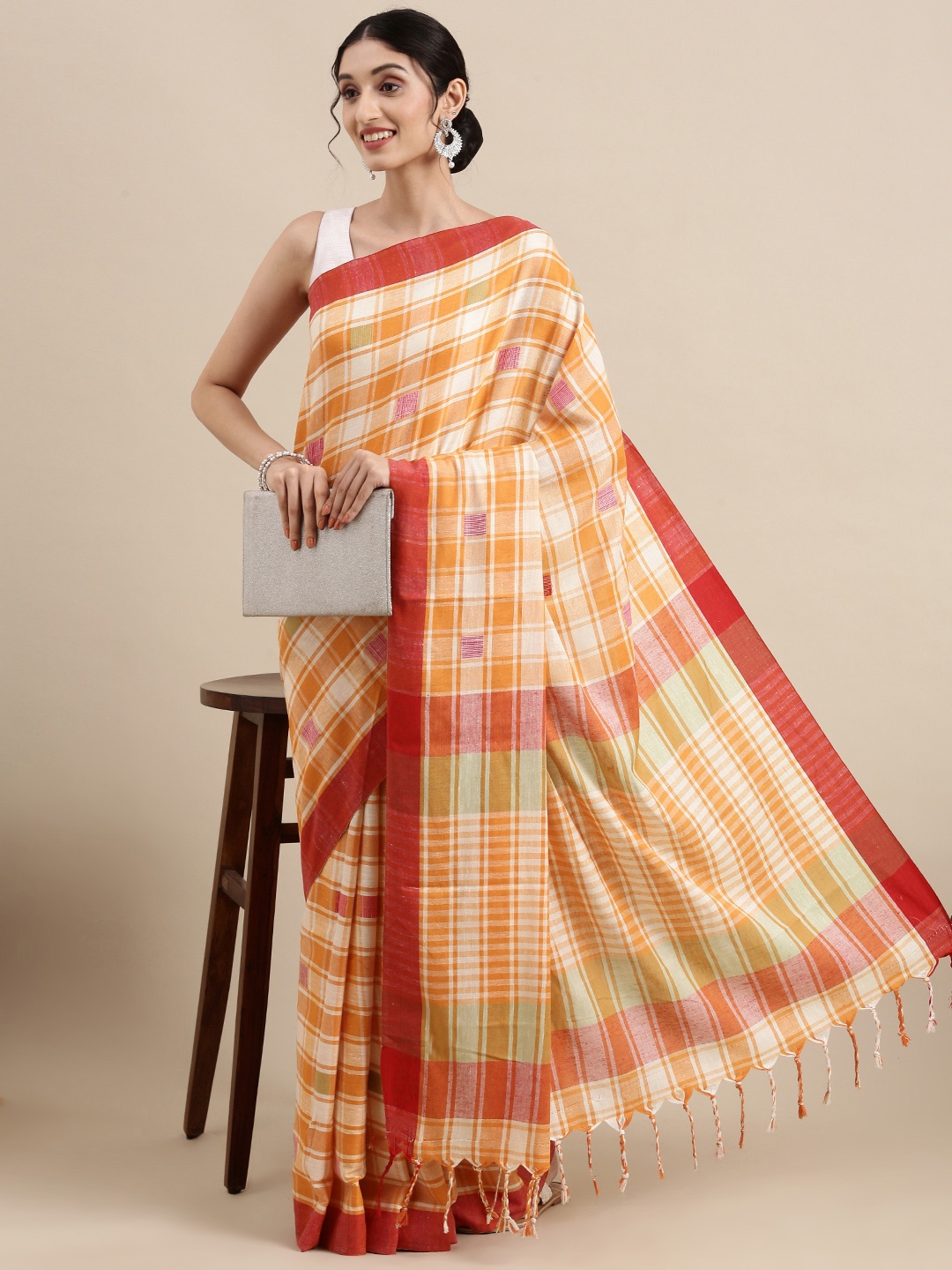 

SANGAM PRINTS Orange & White Checked Linen Woven Work Saree