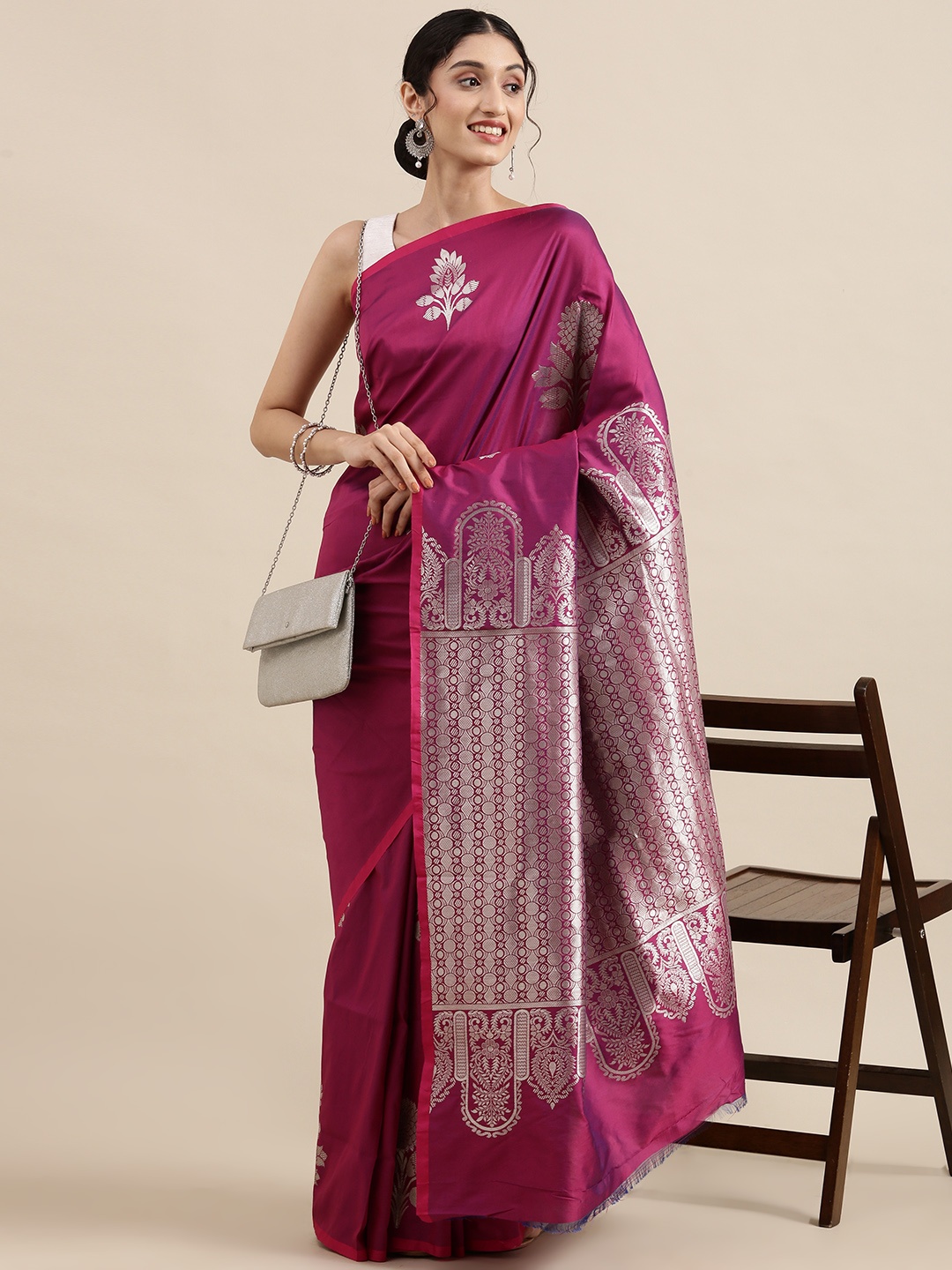 

SANGAM PRINTS Pink & Silver Ethnic Motifs Zari Pure Silk Saree