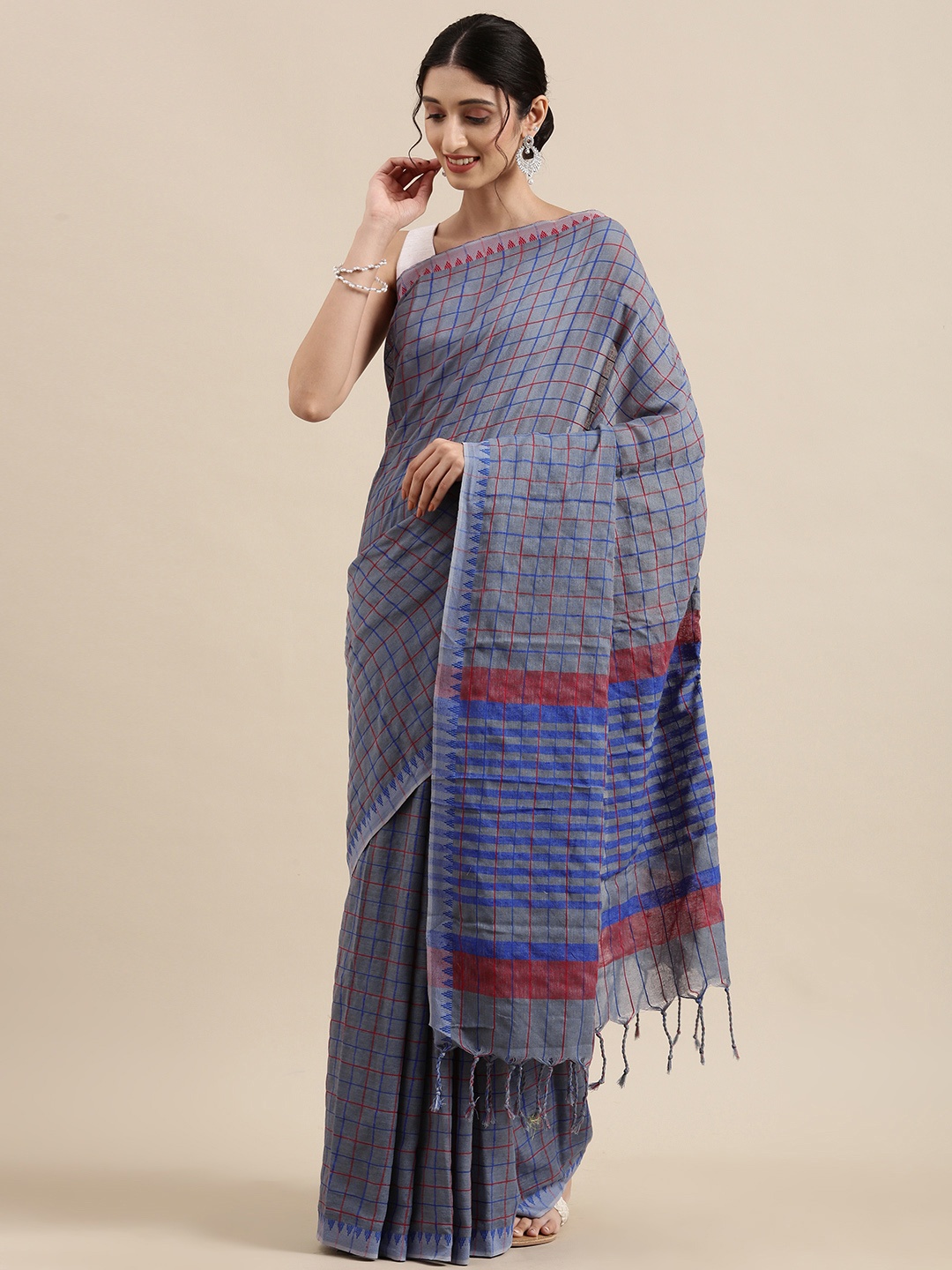 

SANGAM PRINTS Blue & Red Checked Linen Woven Work Saree