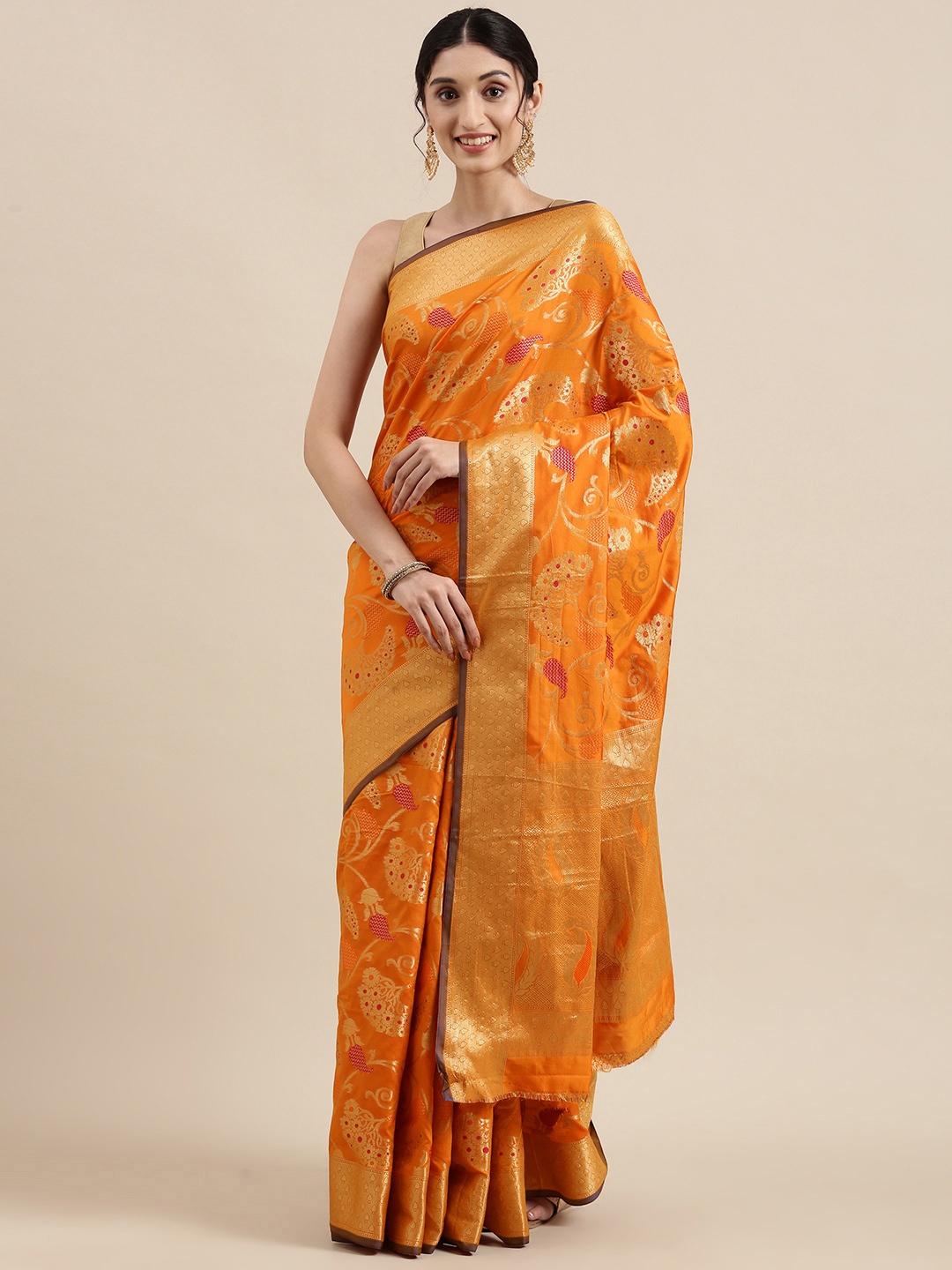 

SANGAM PRINTS Mustard & Gold Ethnic Motifs Zari Pure Silk Saree