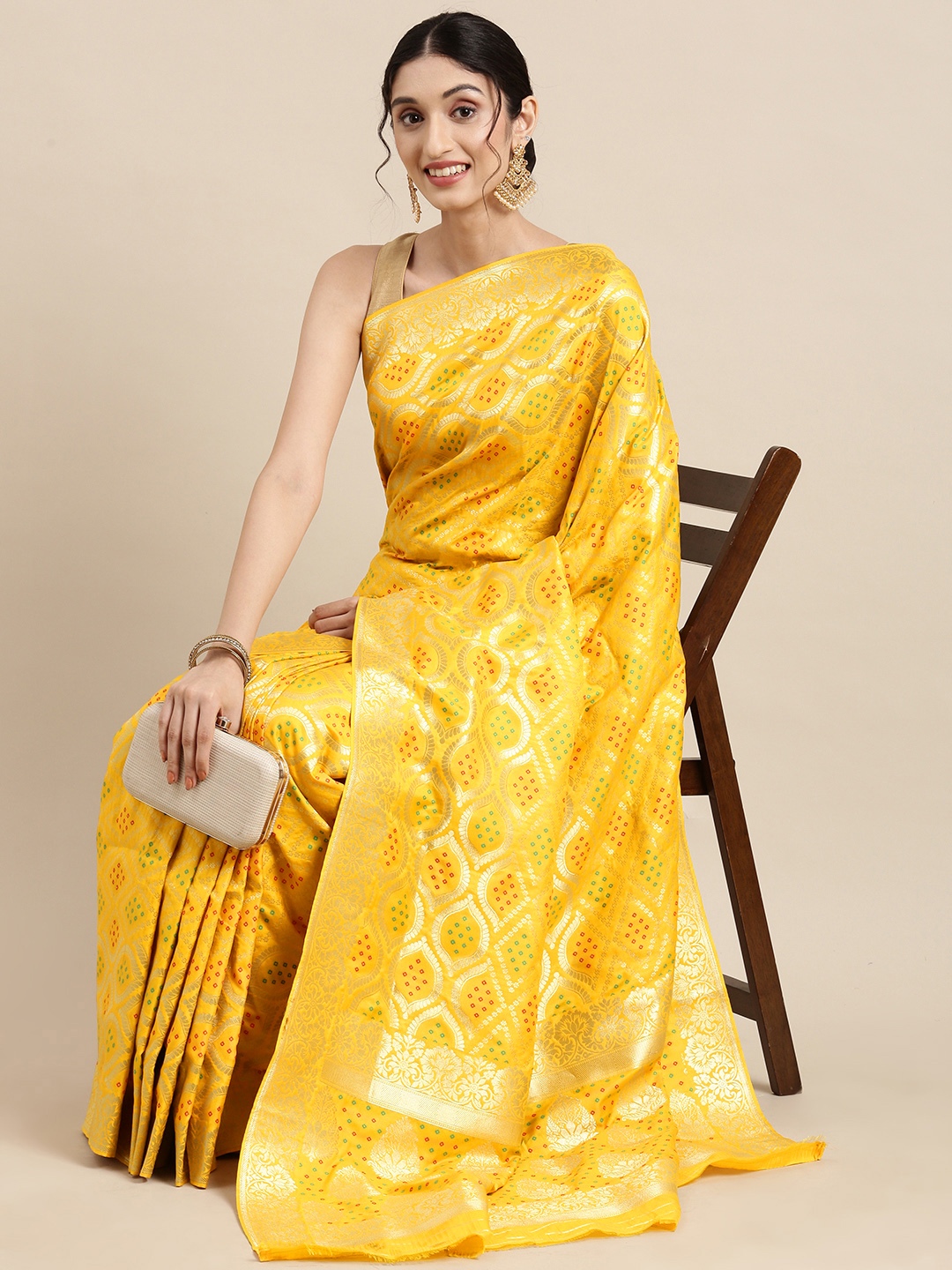 

SANGAM PRINTS Mustard Yellow & Golden Handloom Silk Zari Work Saree