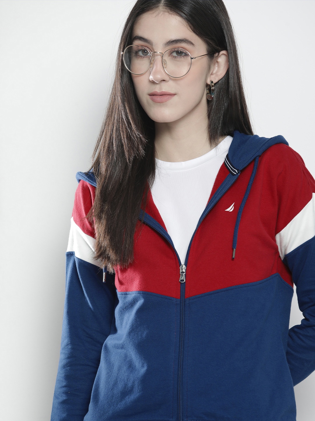 

Nautica Women Navy Blue and Red Colourblocked Hooded Sweatshirt