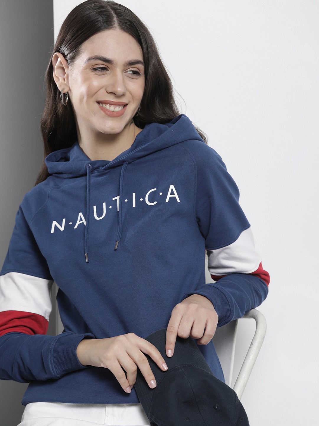 

Nautica Women Navy Blue Printed Hooded Sweatshirt