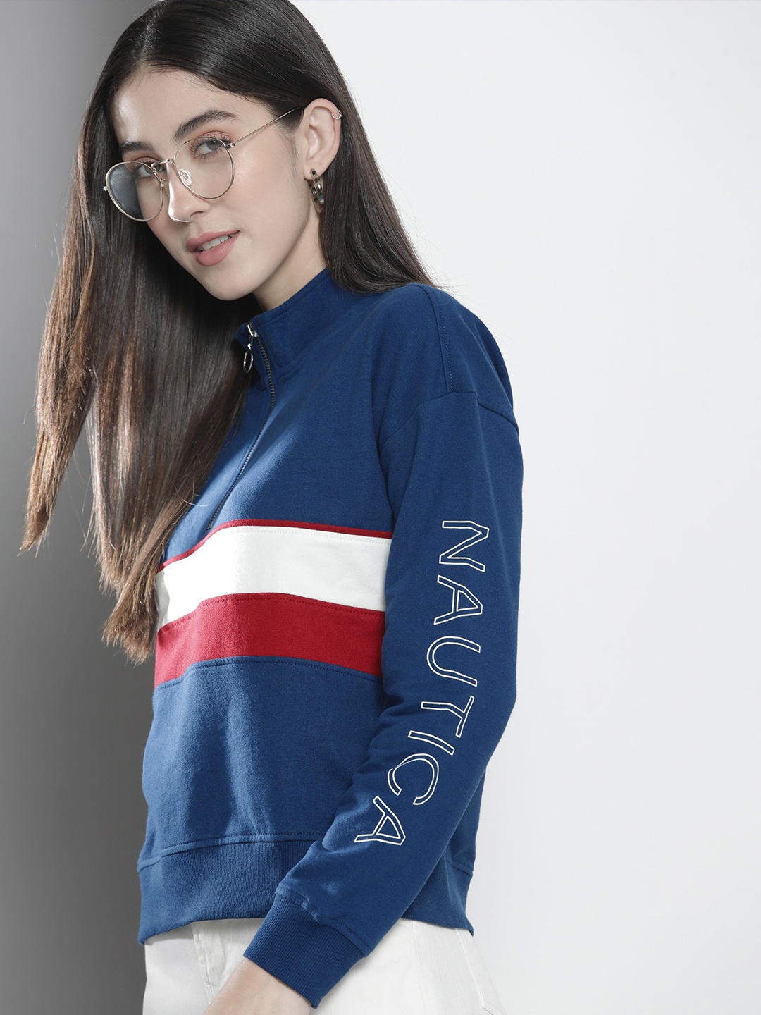 

Nautica Women Navy Blue Striped Sweatshirt
