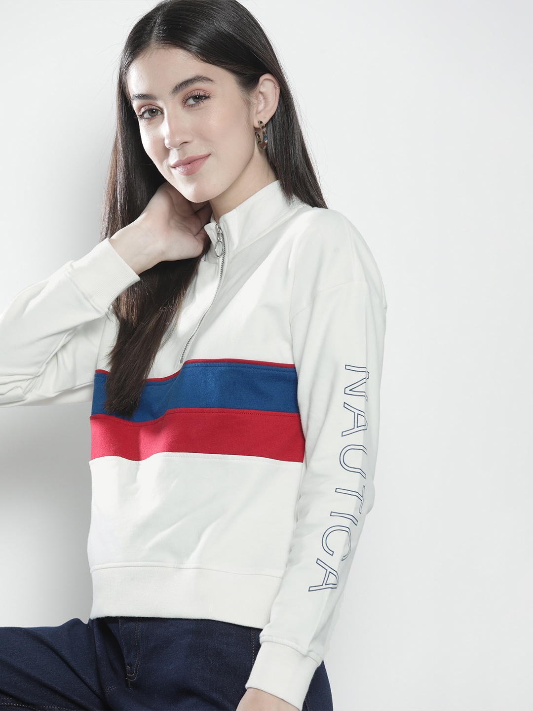 

Nautica Women Off-White Striped Sweatshirt