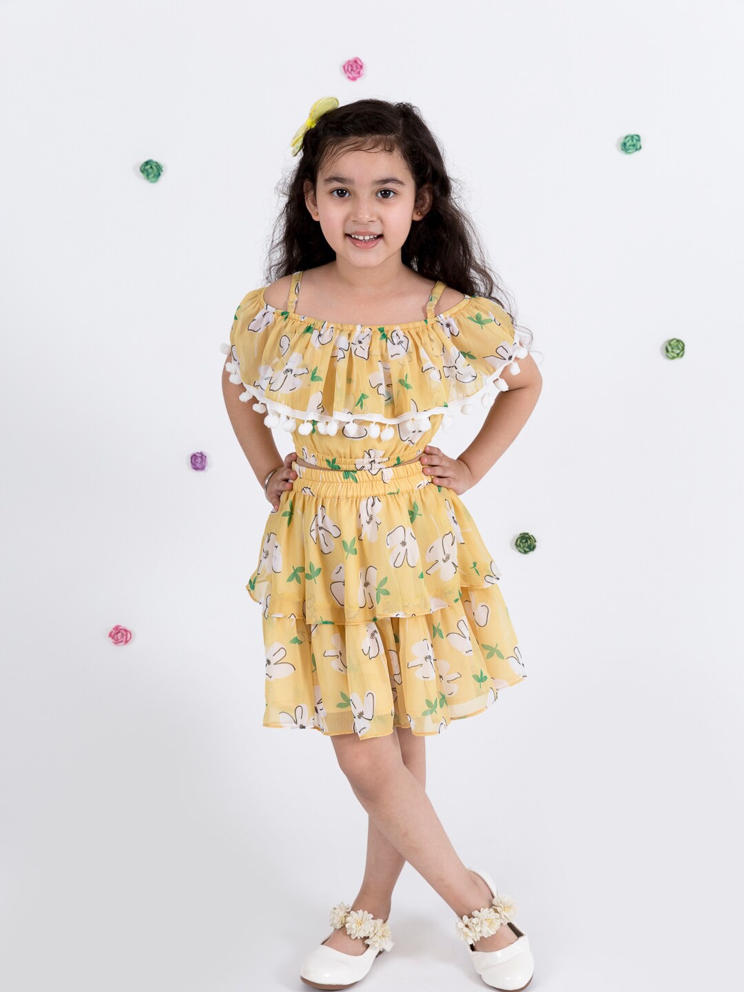 

pspeaches Yellow Floral Print Off Shoulder Top & Skirt Set