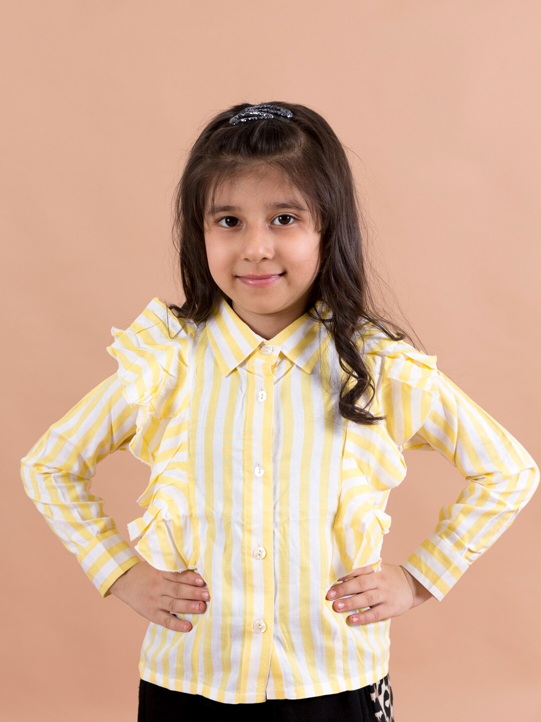 

Fairies Forever Yellow & White Striped Ruffles Pure Cotton Shirt Style Top