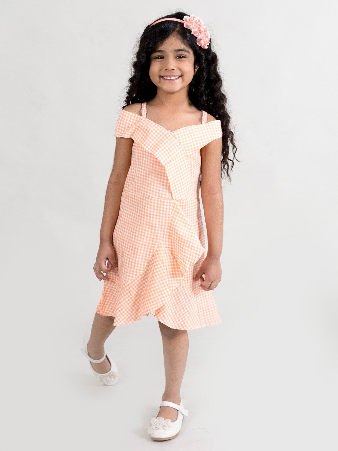 

Fairies Forever Girls Orange Checked A-Line Cotton Dress