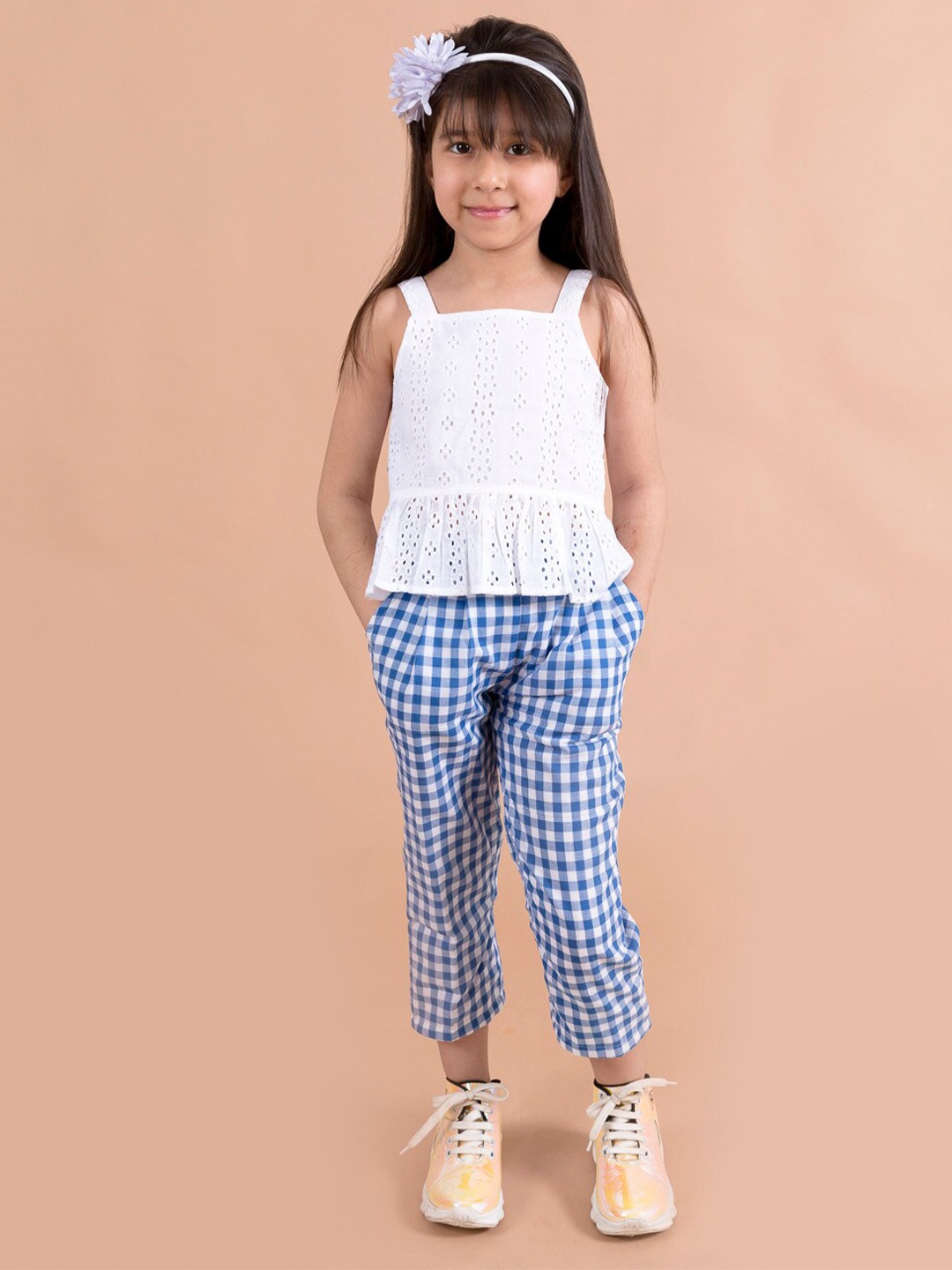 

Fairies Forever Girls Cotton White & Blue Checked Top with Trousers