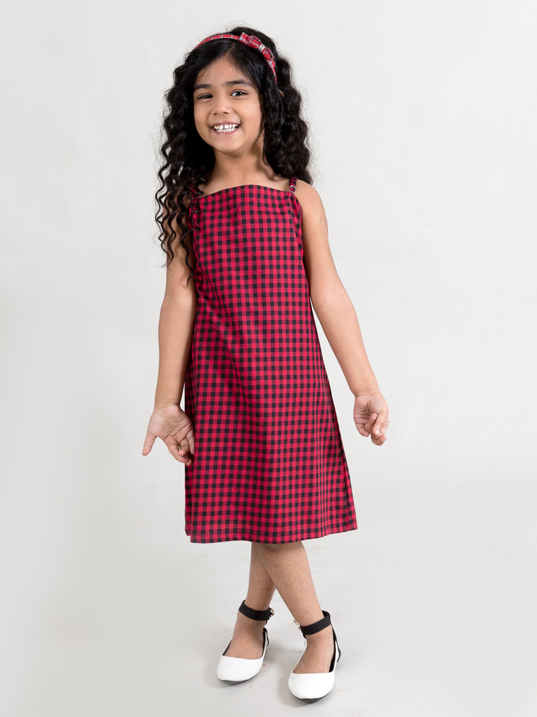 

Fairies Forever Girls Black & Red Checked Pure Cotton A-Line Midi Dress