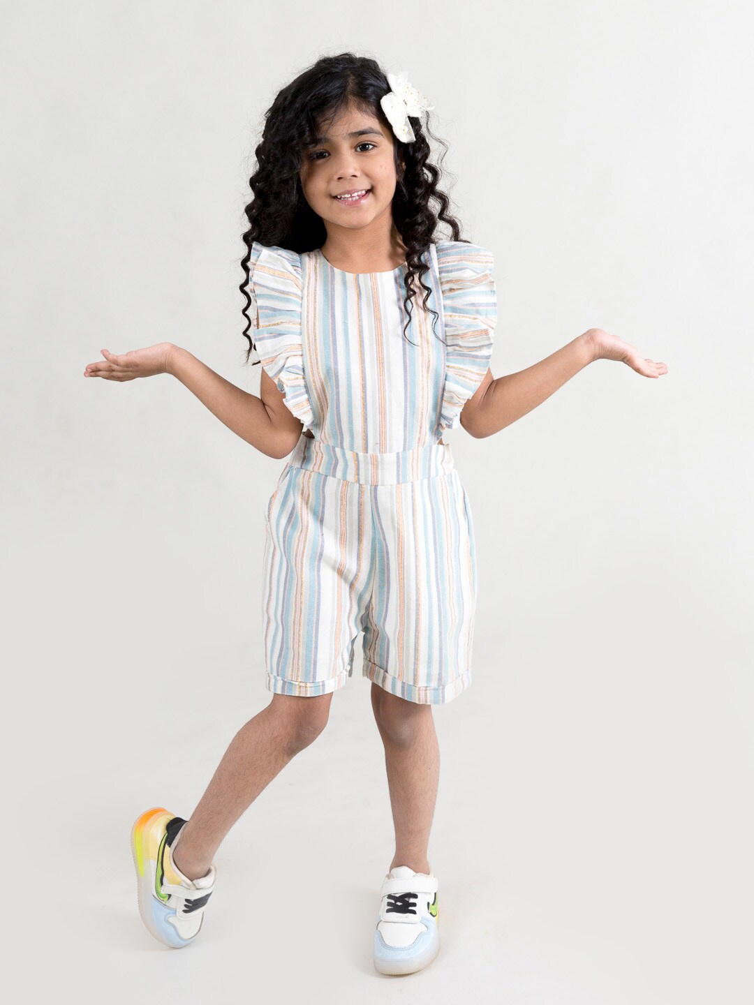

Fairies Forever Girls Off White & Blue Striped Basic Jumpsuit with Ruffles
