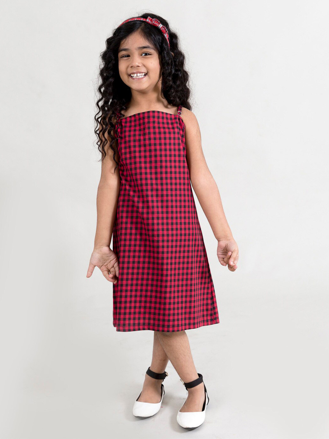 

Fairies Forever Black & Red Checked Cotton A-Line Midi Dress