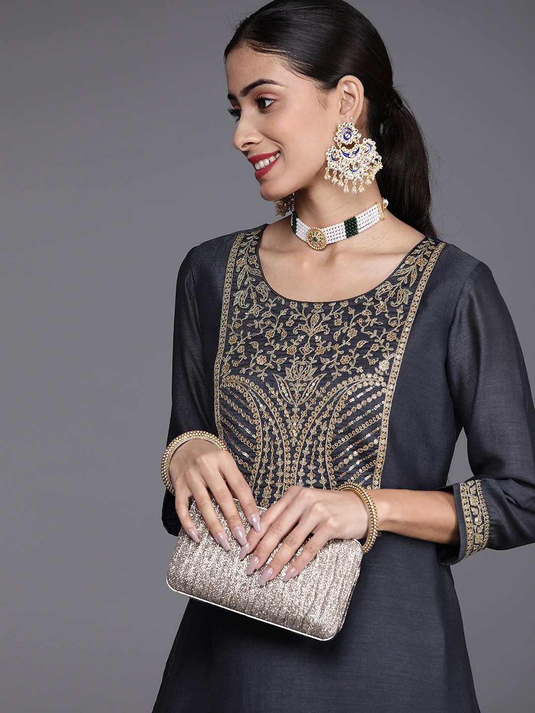 

Libas Women Navy Blue Yoke Design Kurta