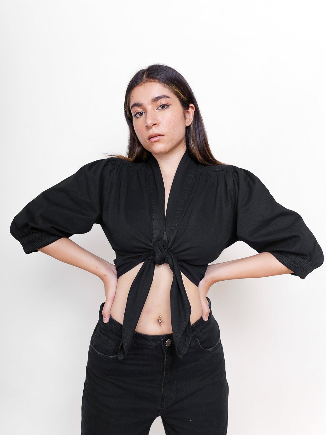 

FREAKINS Women Cotton Black Tie-Up Neck Crop Top