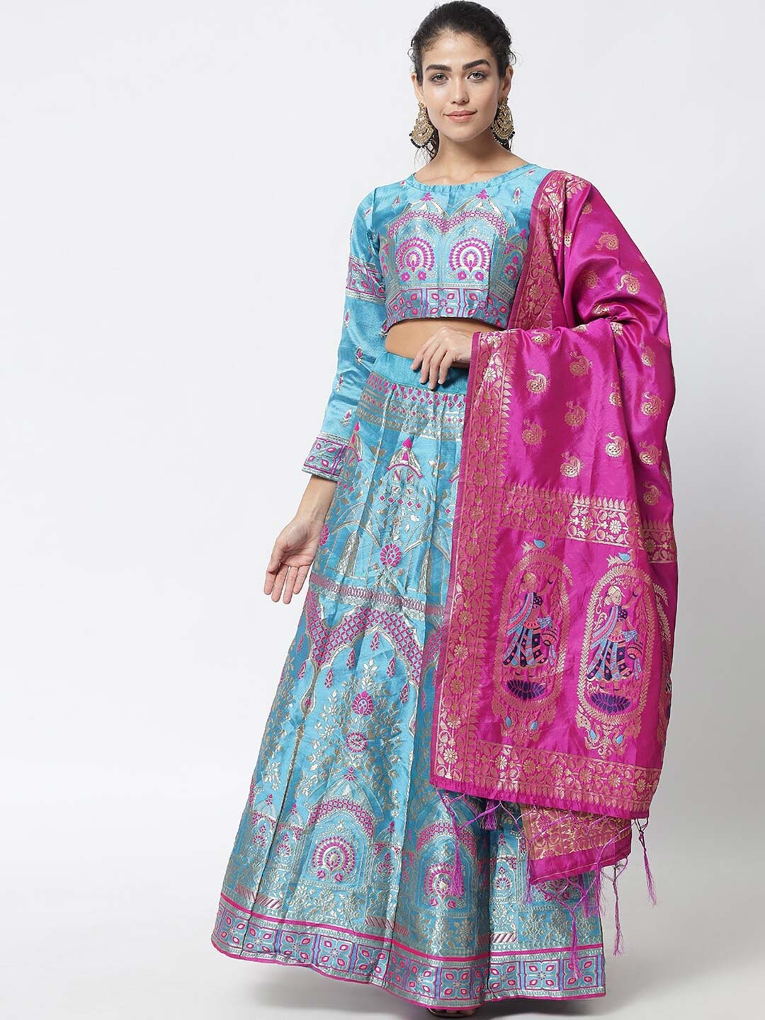 

DIVASTRI Turquoise Blue & Pink Semi-Stitched Lehenga & Unstitched Blouse With Dupatta