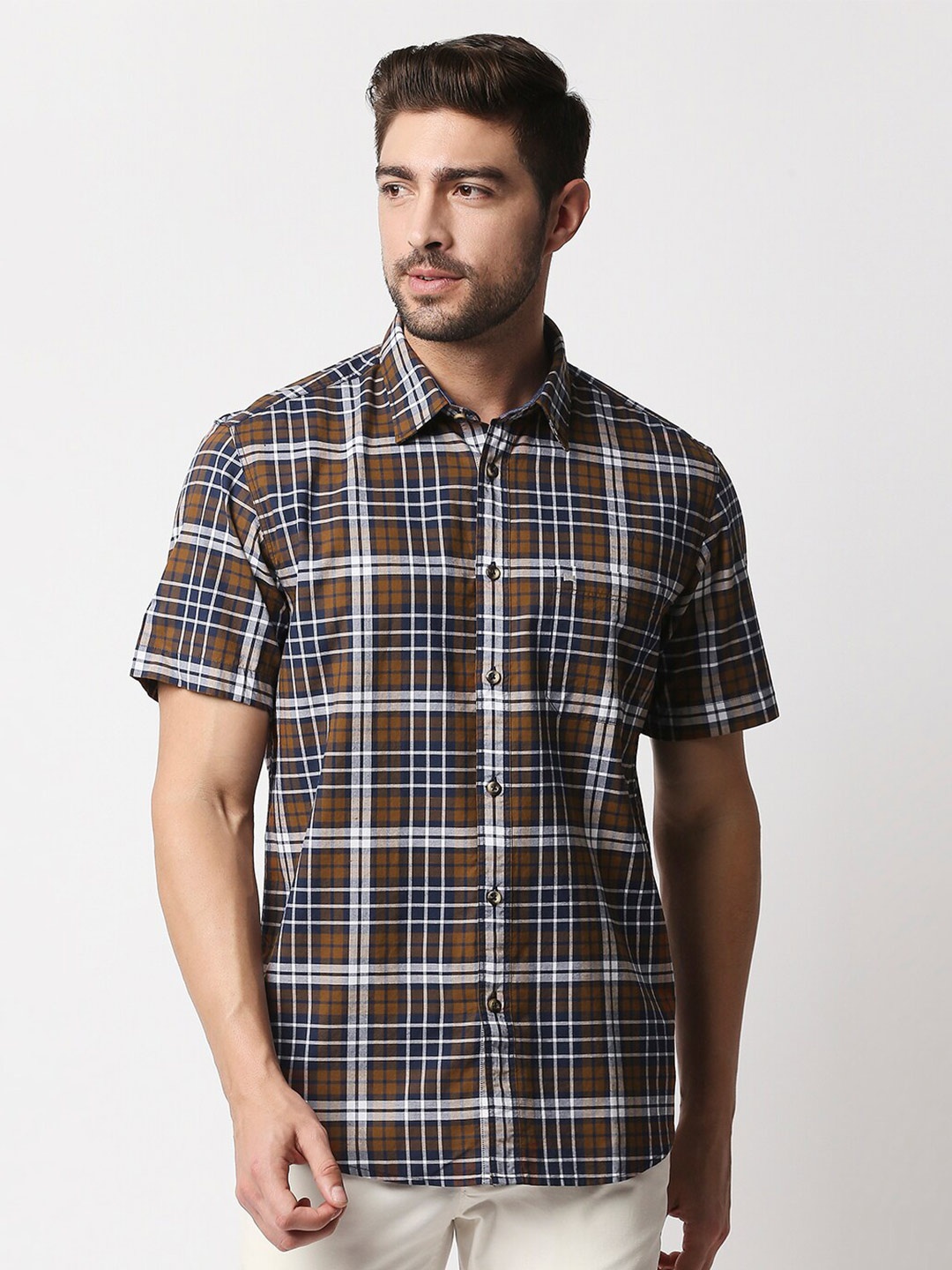 

Basics Men Brown Slim Fit Tartan Checks Checked Cotton Casual Shirt