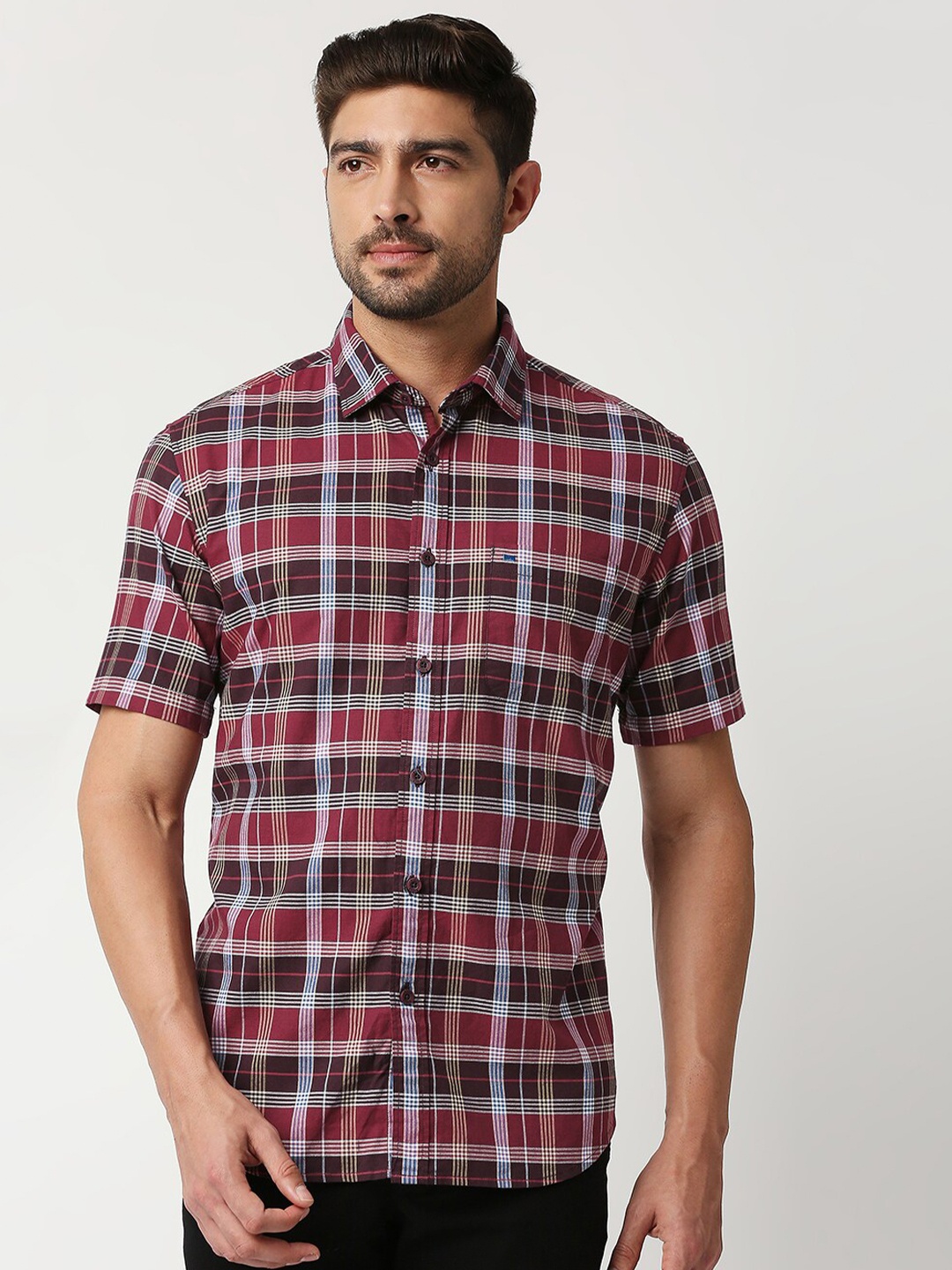 

Basics Men Maroon & White Slim Fit Tartan Checked Casual Shirt