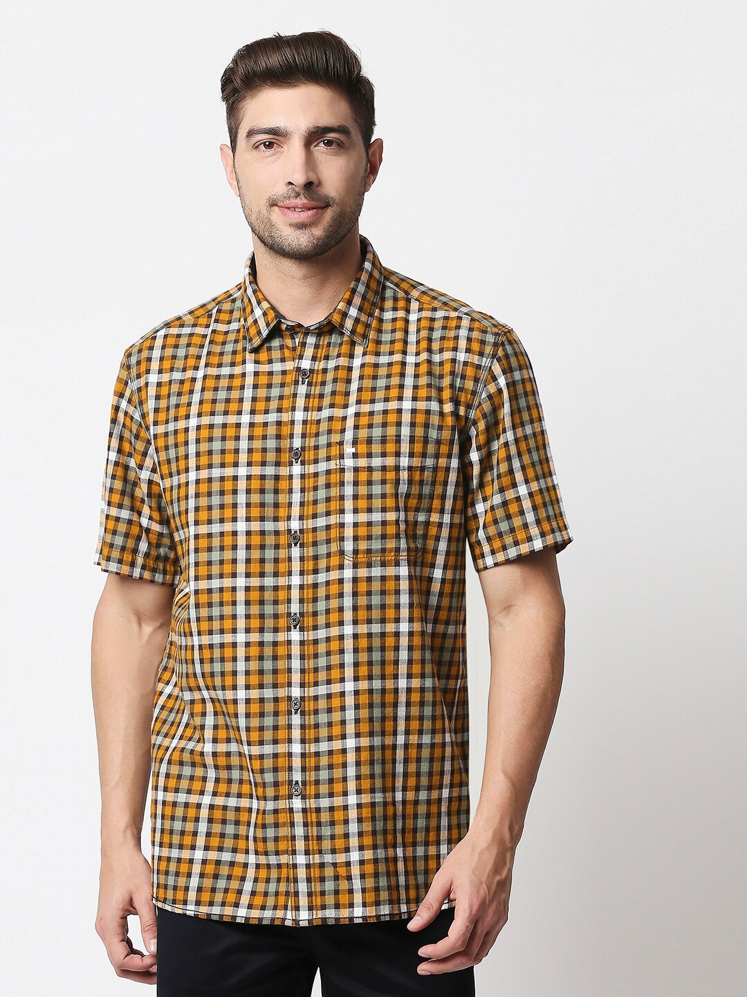 

Basics Men Yellow Slim Fit Checked Cotton Casual Shirt