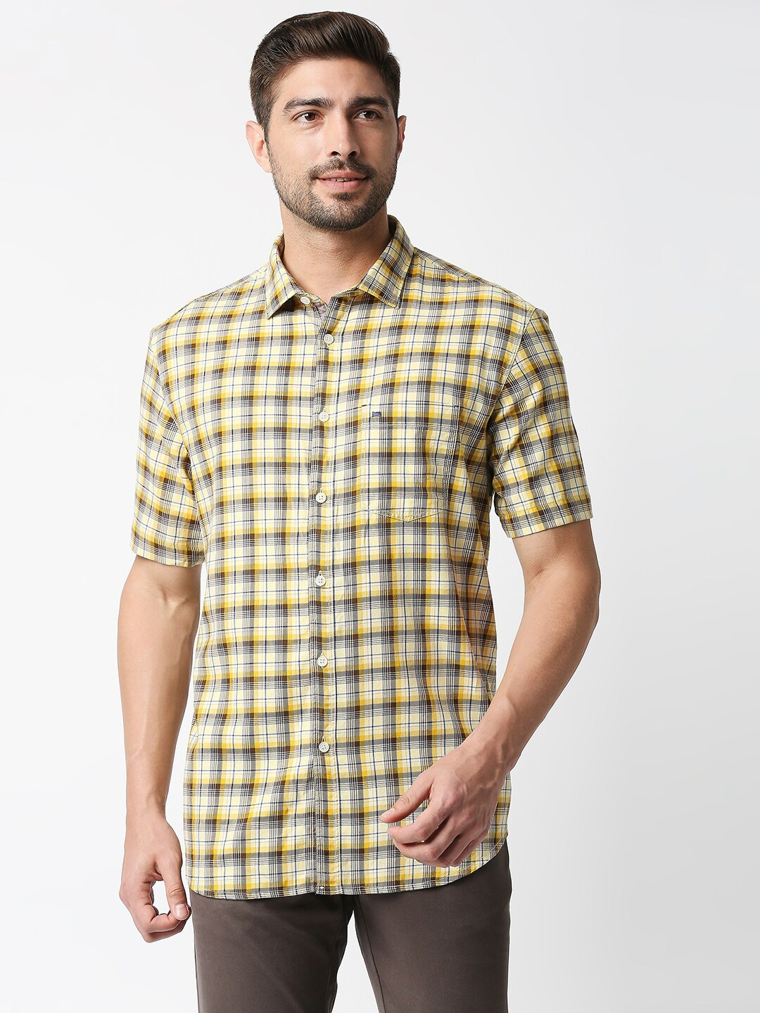 

Basics Men Yellow Slim Fit Checked Cotton Casual Shirt