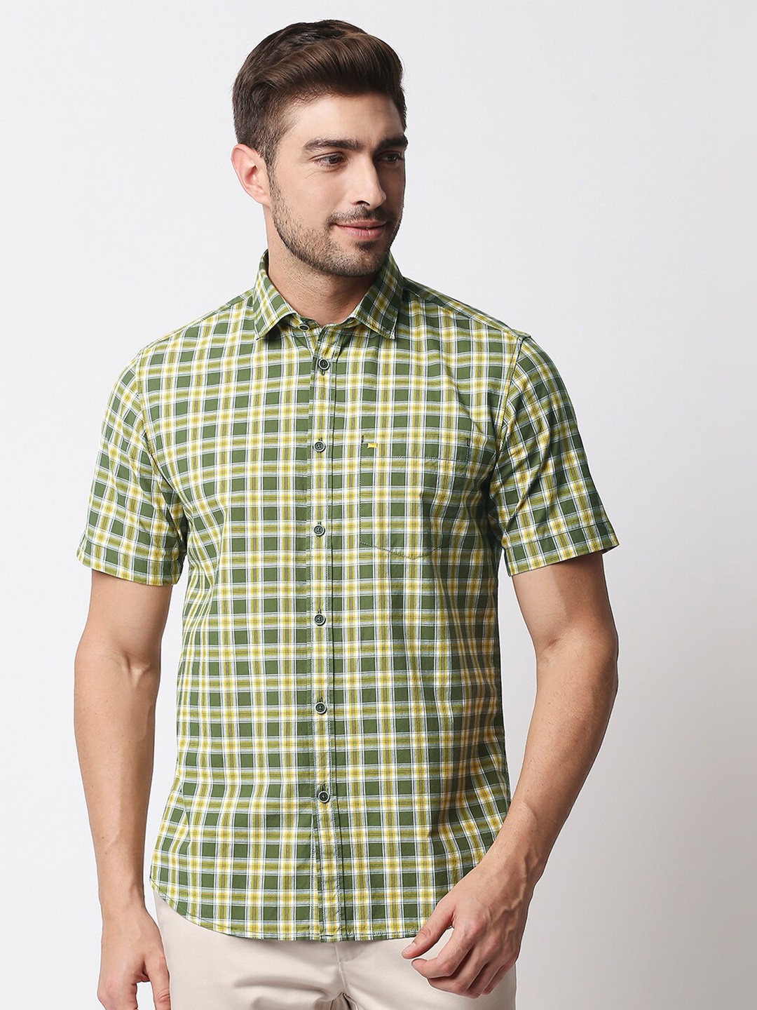 

Basics Men Olive Green Checked Pure Cotton Slim Fit Shirt