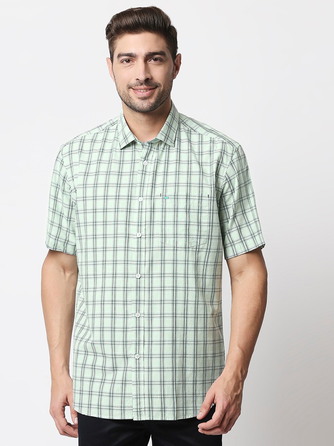 

Basics Men Green Slim Fit Checked Casual Shirt