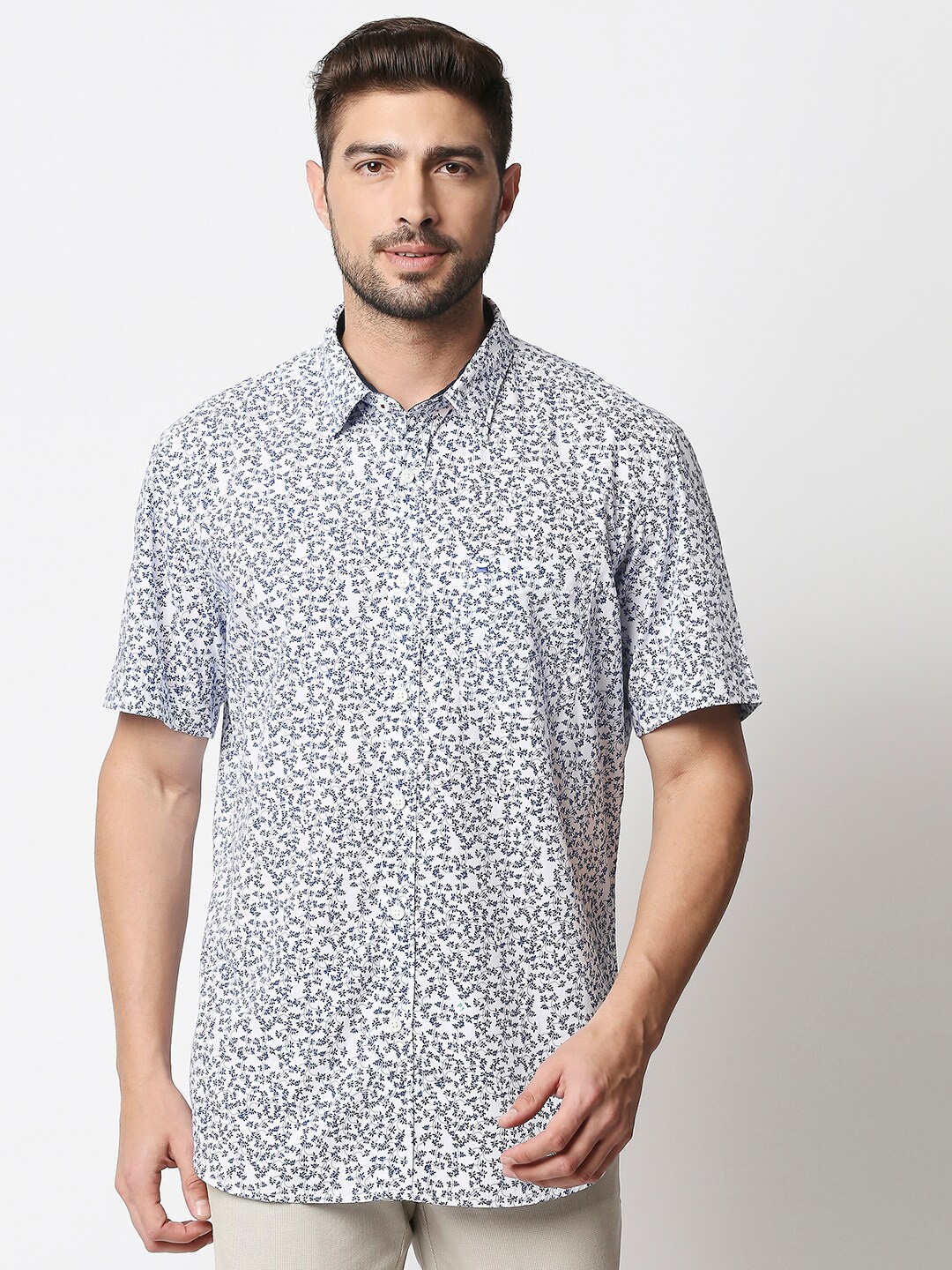 

Basics Men Navy Blue & White Slim Fit Printed Cotton Casual Shirt