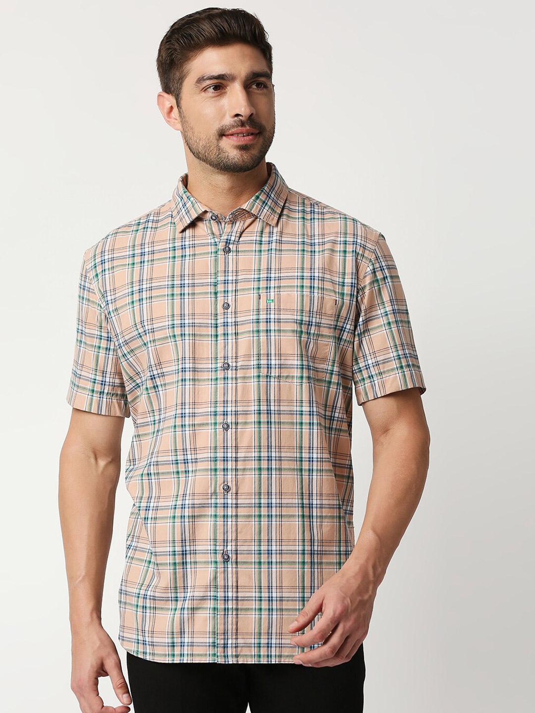 

Basics Men Peach-Coloured Slim Fit Tartan Checked Cotton Casual Shirt