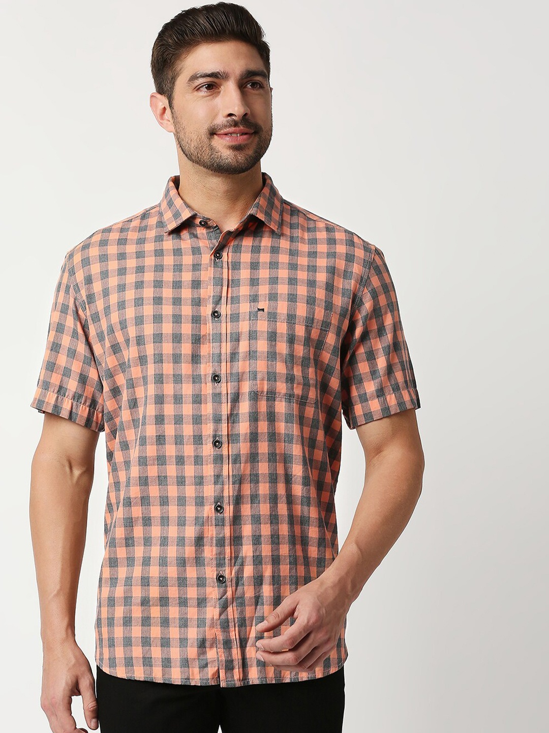 

Basics Men Coral Orange & Grey Slim Fit Gingham Checked Pure Cotton Twill Casual Shirt