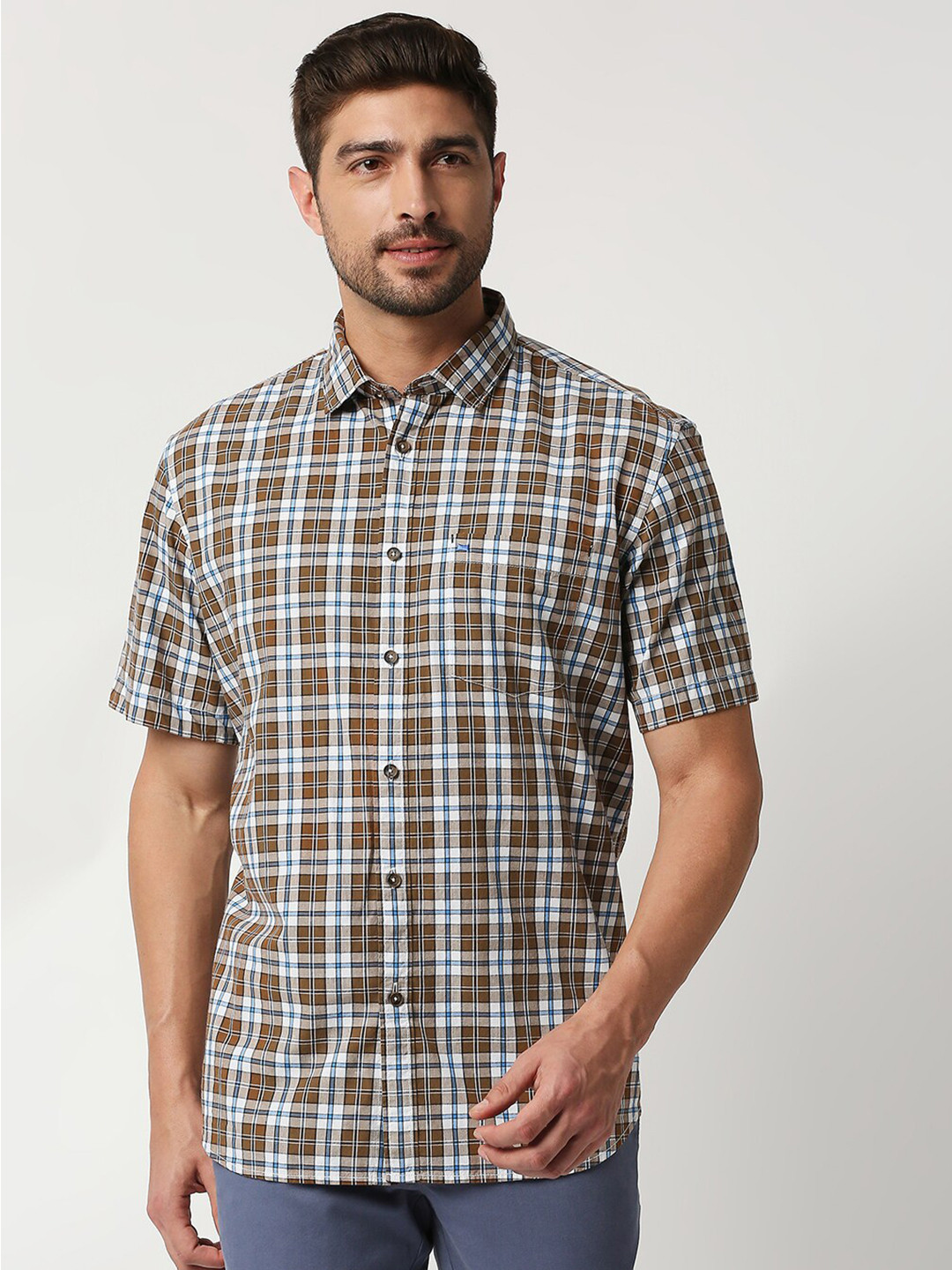 

Basics Men Khaki & White Slim Fit Tartan Checked Casual Cotton Shirt