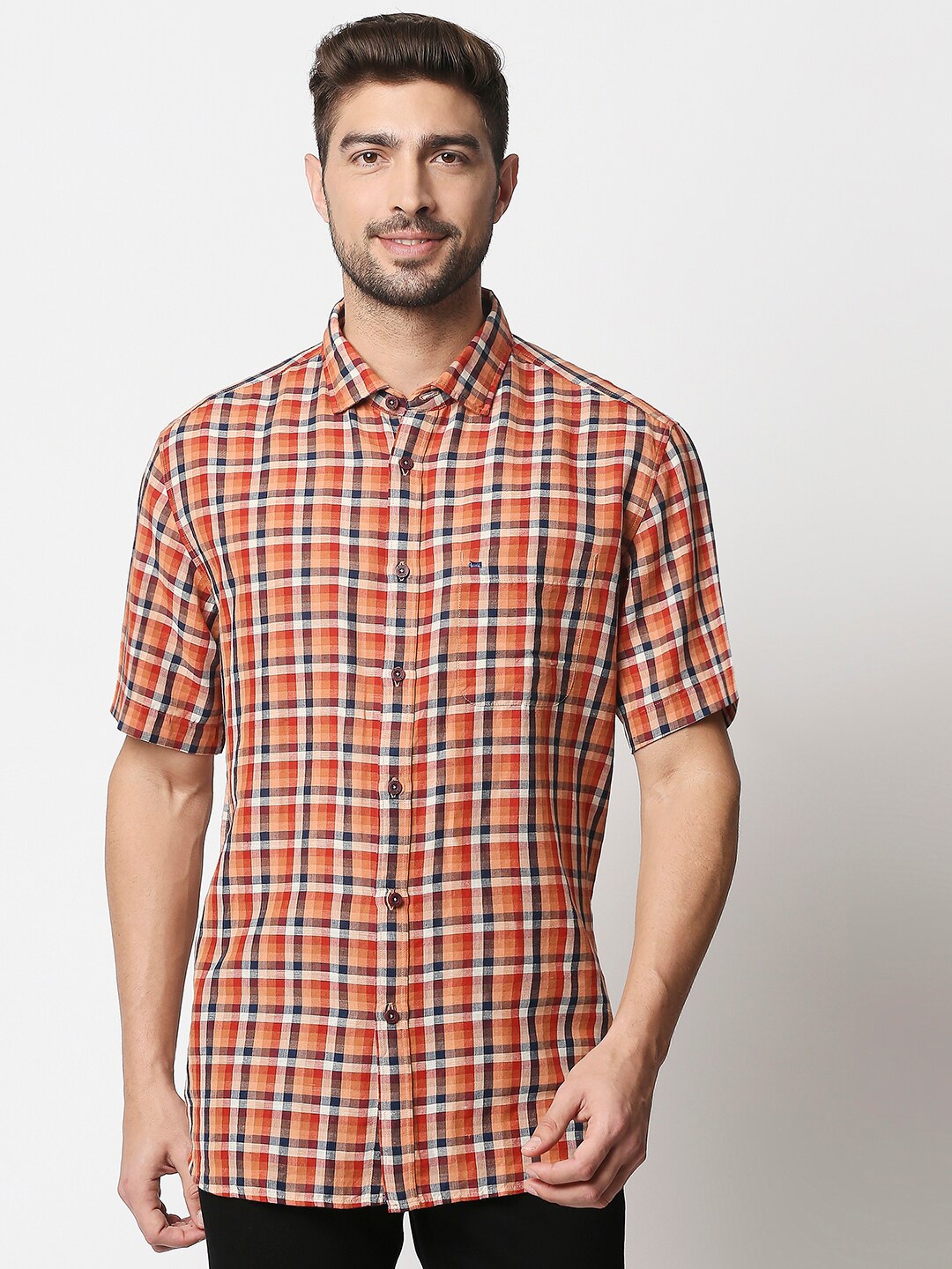 

Basics Men Orange & White Slim Fit Checked Casual Shirt