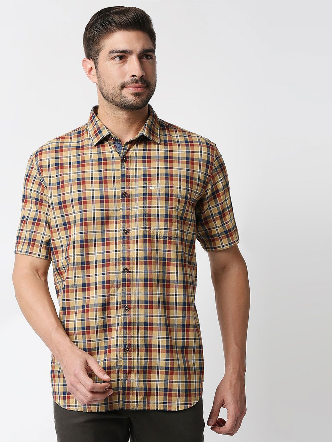 

Basics Men Khaki Slim Fit Tartan Checked Cotton Casual Shirt