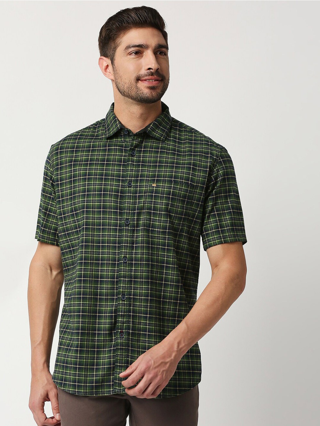 

Basics Men Green & Black Slim Fit Tartan Checked Cotton Casual Shirt