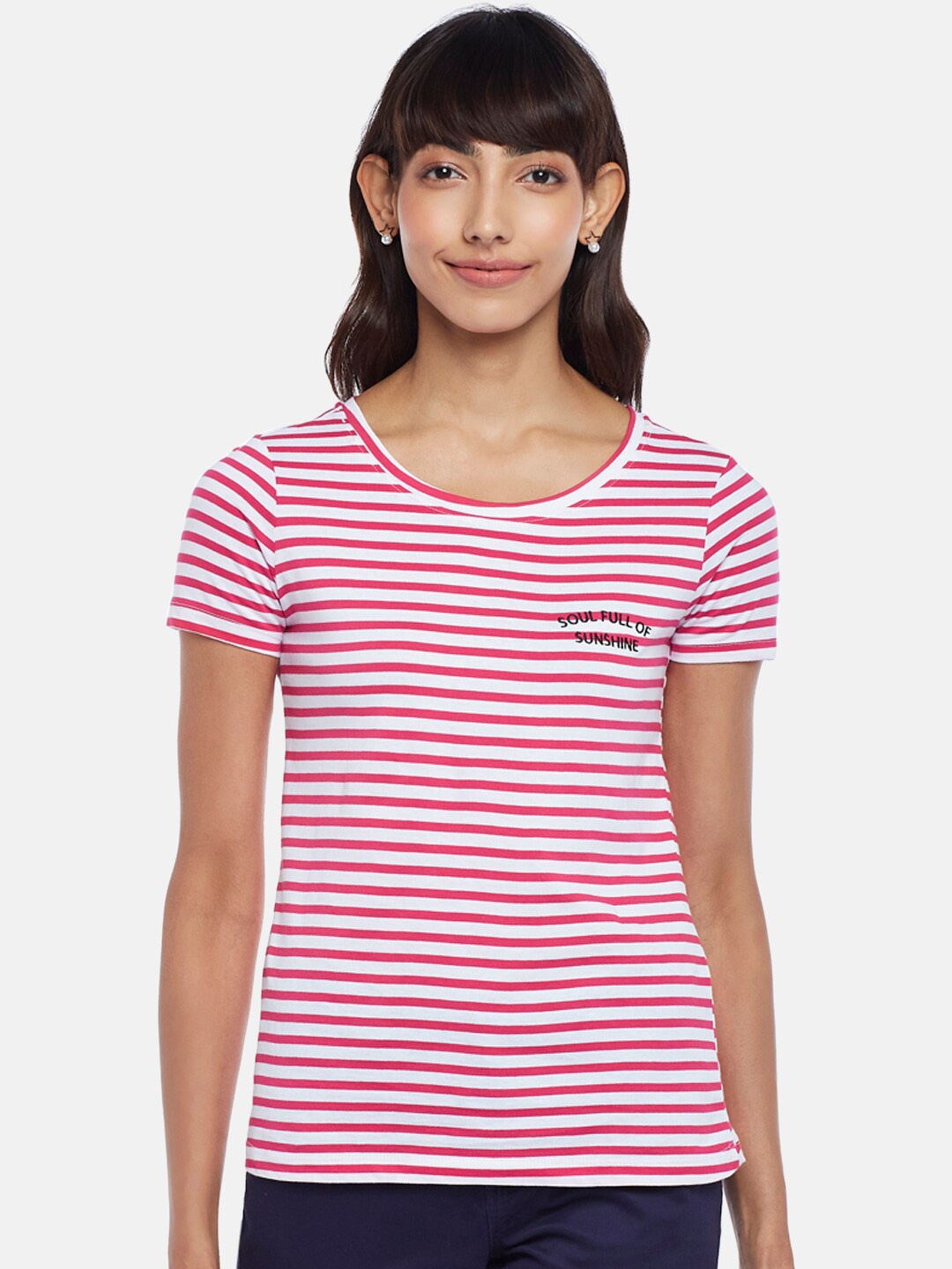 

Honey by Pantaloons Women Pink Striped Running Cotton T-shirt