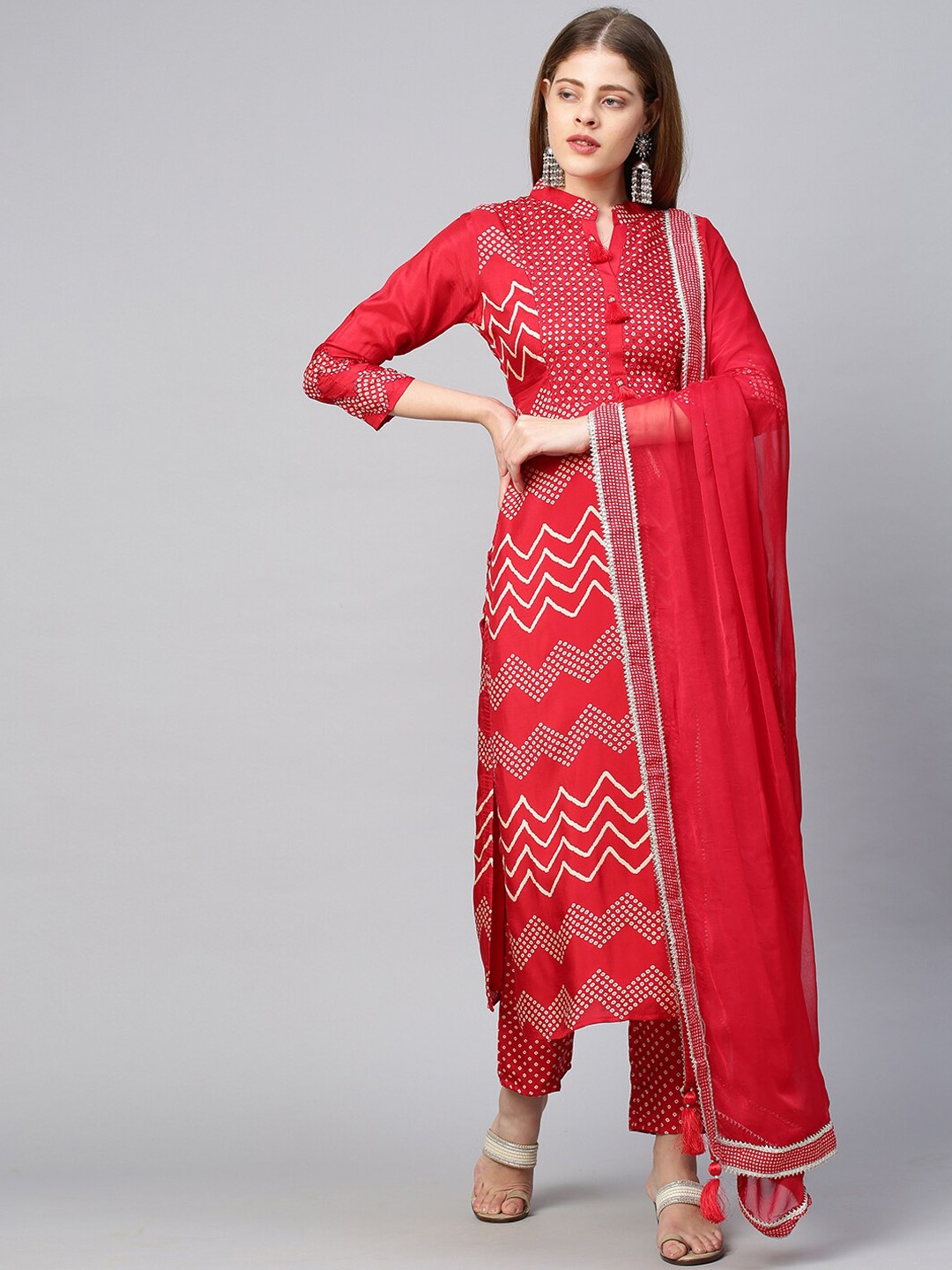 

FASHOR Women Red Printed & Embroidered Kurta with Trousers & With Dupatta