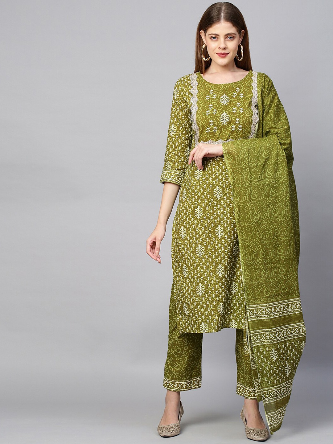 

FASHOR Women Green Ethnic Motifs Printed Thread Work Pure Cotton Kurta with Trousers & With Dupatta