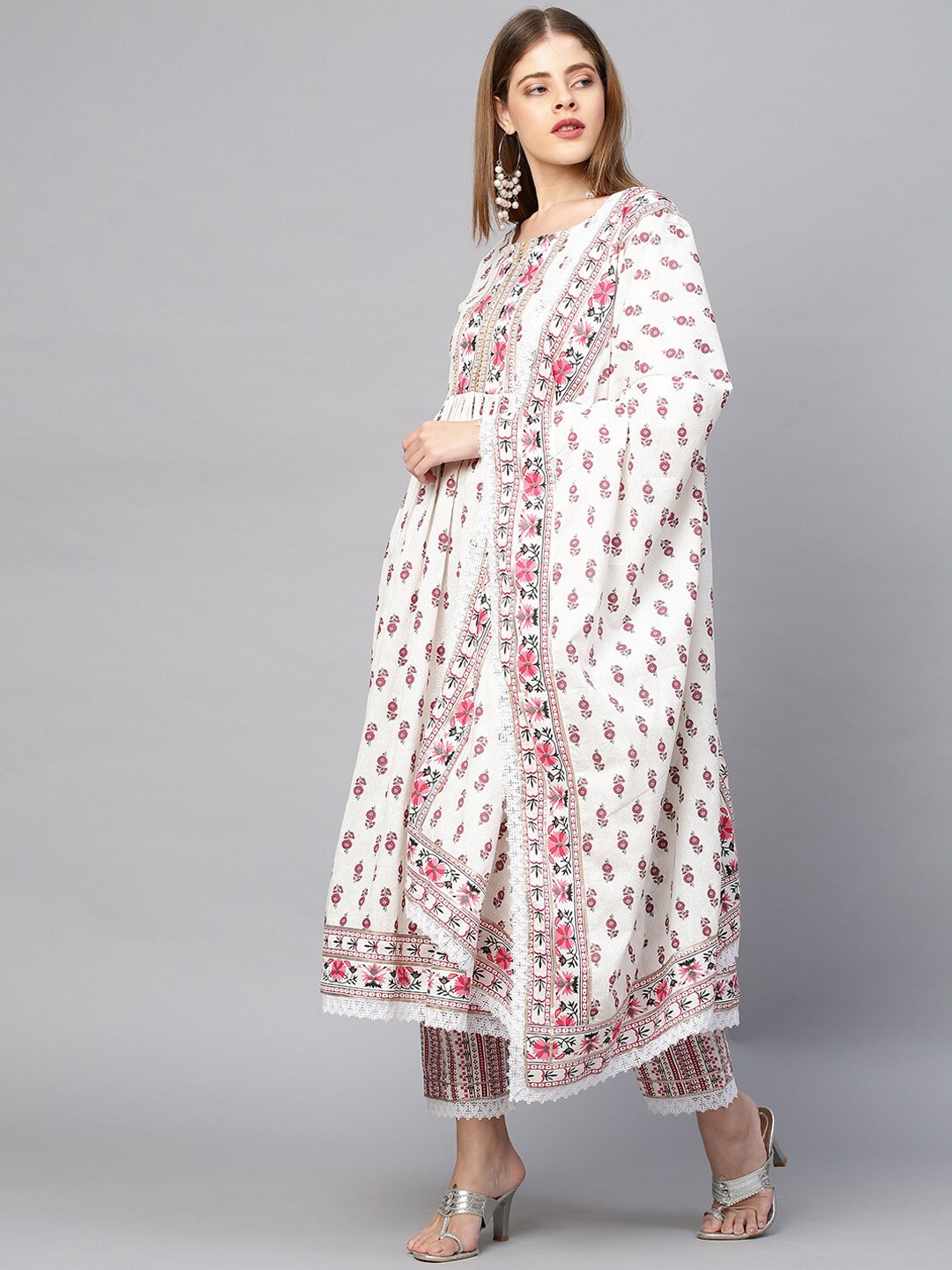 

FASHOR Women Beige Printed Pleated Gotta Patti Pure Cotton Kurta with Trousers & Dupatta