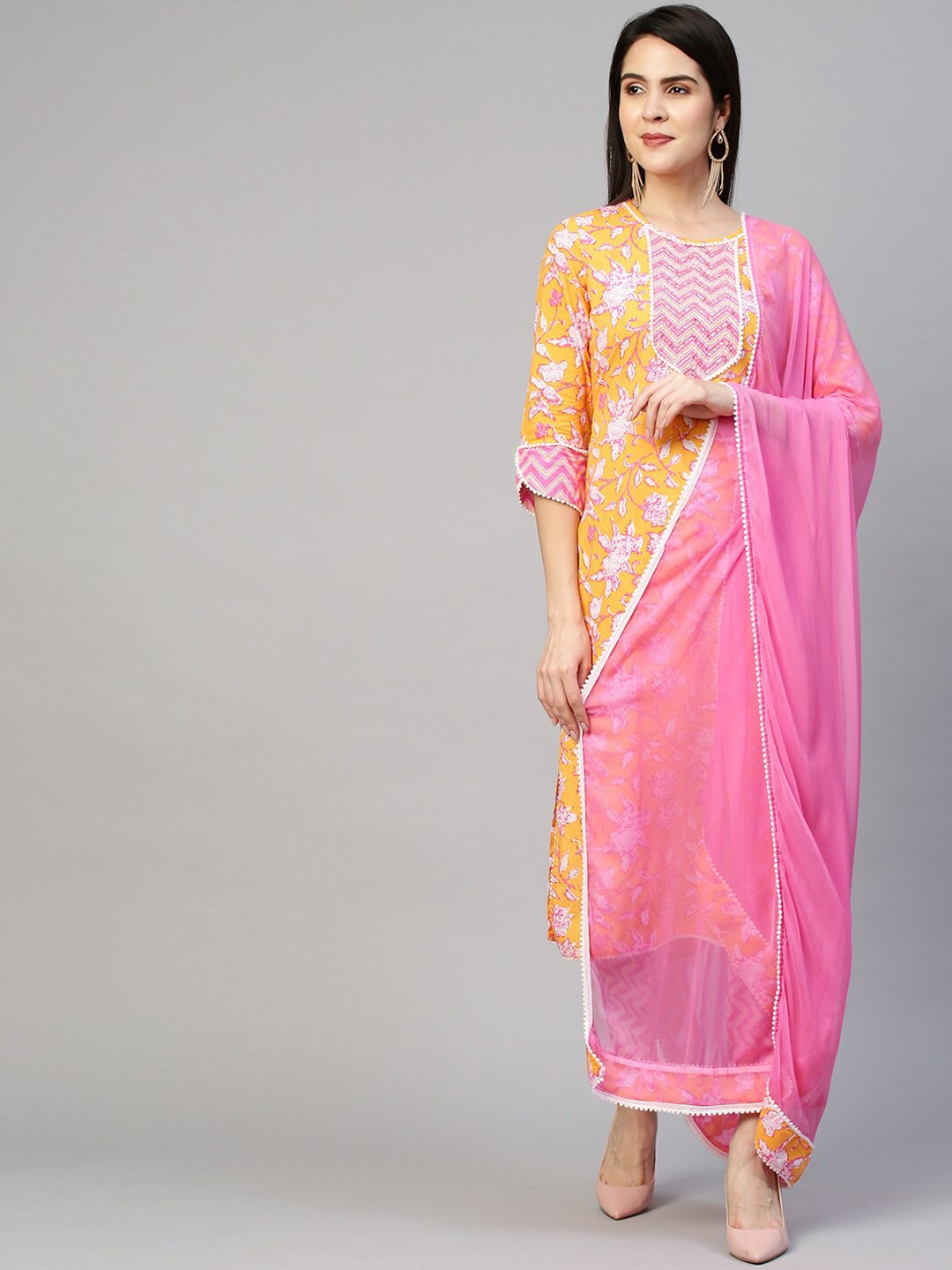 

FASHOR Women Orange Floral Printed Sequinned Pure Cotton Kurta Set