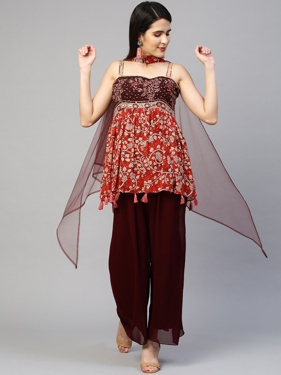 

FASHOR Women Maroon Ethnic Motifs Printed Kurti with Palazzos & With Dupatta