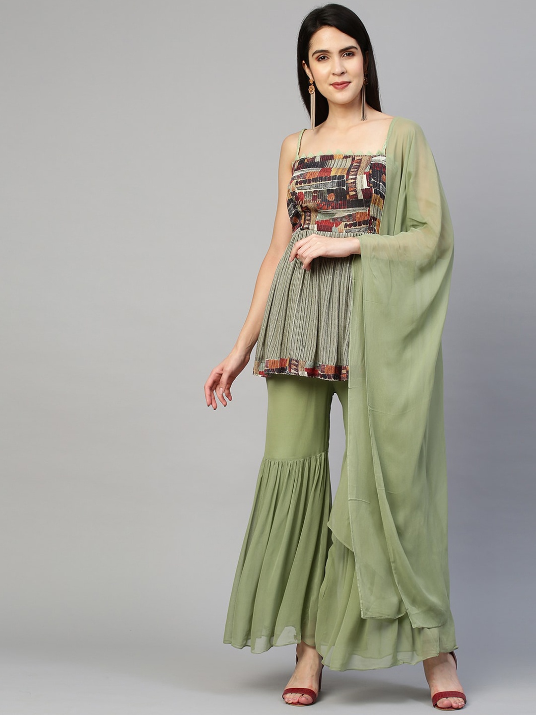 

FASHOR Women Olive Green Embroidered Pleated Sequinned Kurti with Sharara & With Dupatta