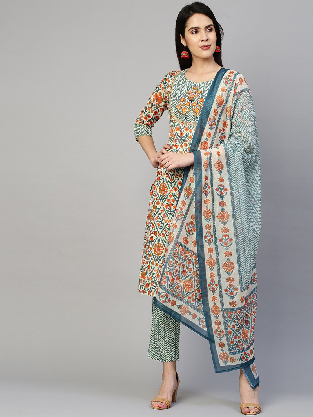 

FASHOR Women Beige & Sea Green Screen Printed Pure Cotton Kurta with Trouser & Dupatta