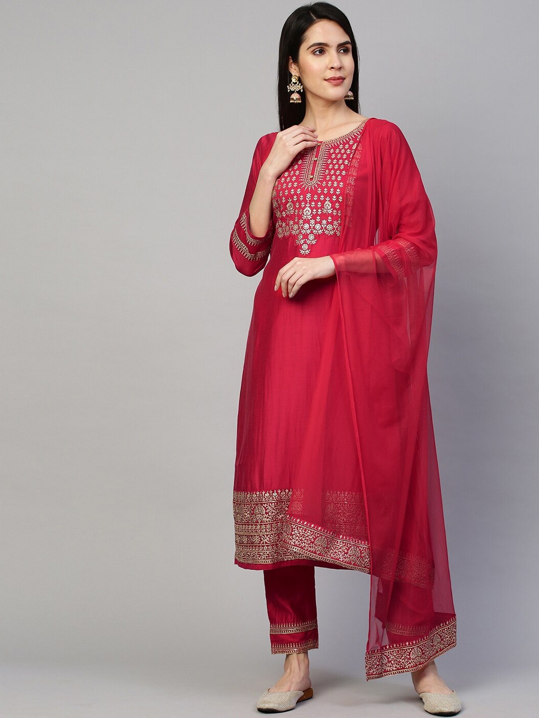 

FASHOR Women Pink Embroidered Sequinned Chanderi Silk Kurta with Trousers & Dupatta